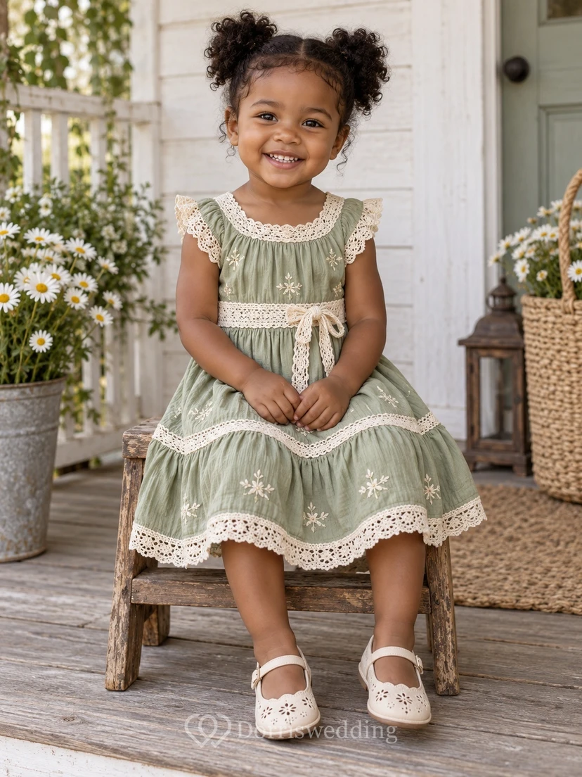 Boho Knee-length Sage Summer A-line Lace-trimmed Cap-sleeve Embroidered Flower Girl Dress