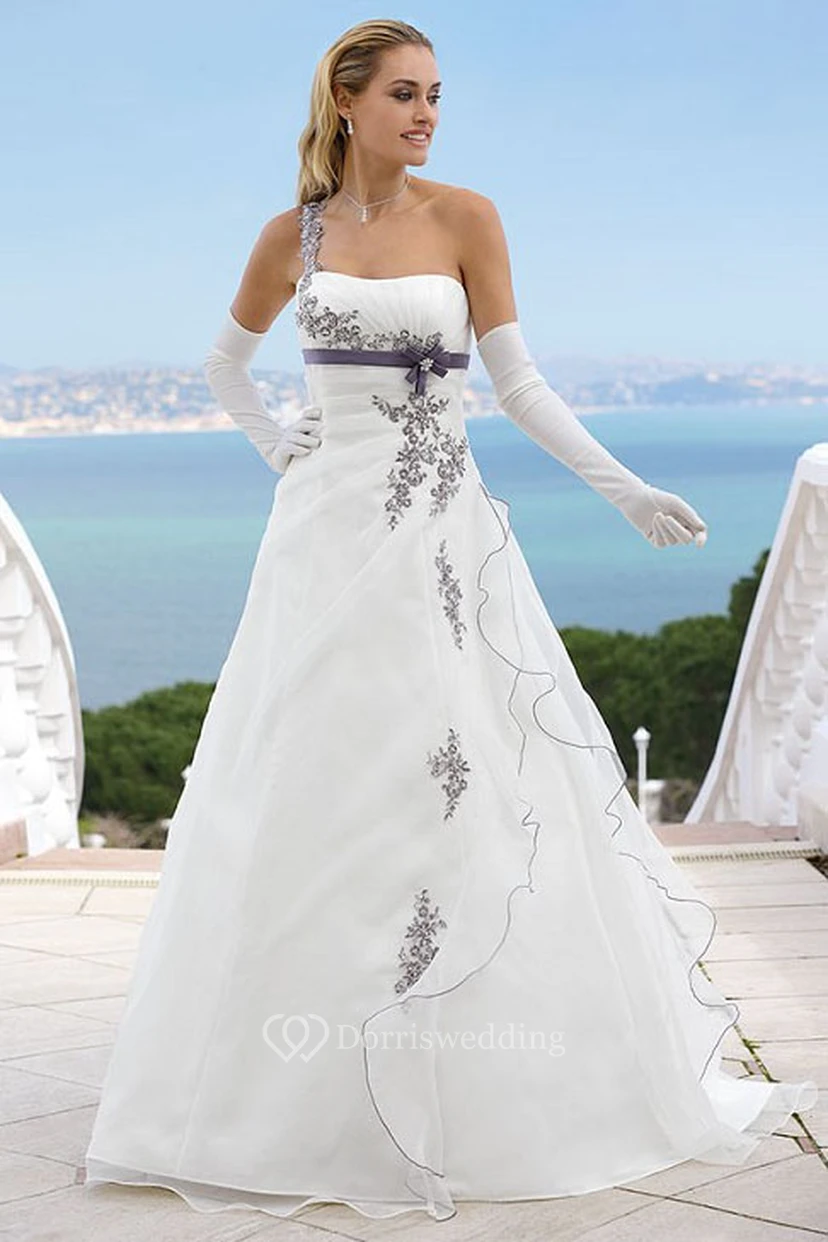 Long One-Shoulder Appliqued Satin Wedding Dress With Side Draping