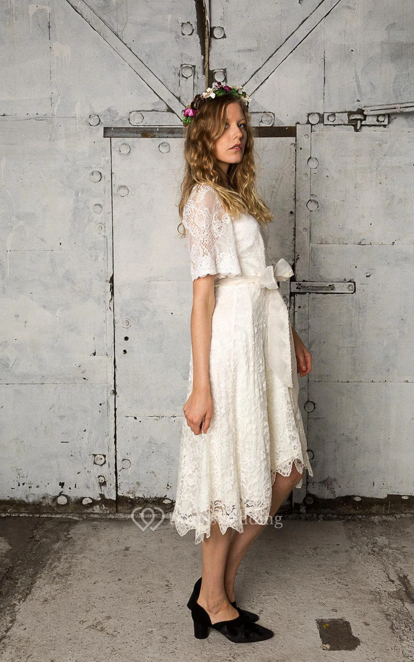 V-Neck Short Sleeve A-Line Knee Length Lace Dress With Bow Sash view 3
