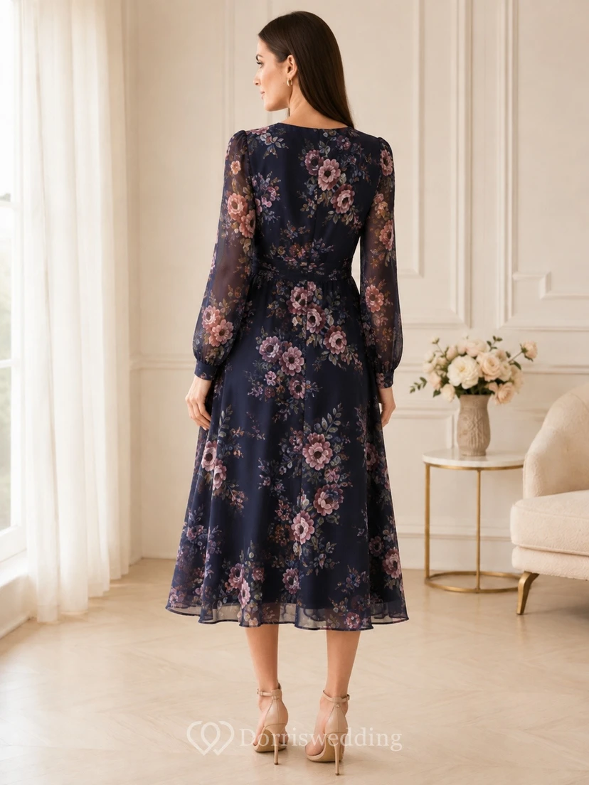 Dunkelblaues Chiffonkleid mit Blumenmuster, V-Ausschnitt, langen Ärmeln und Teelänge view 2