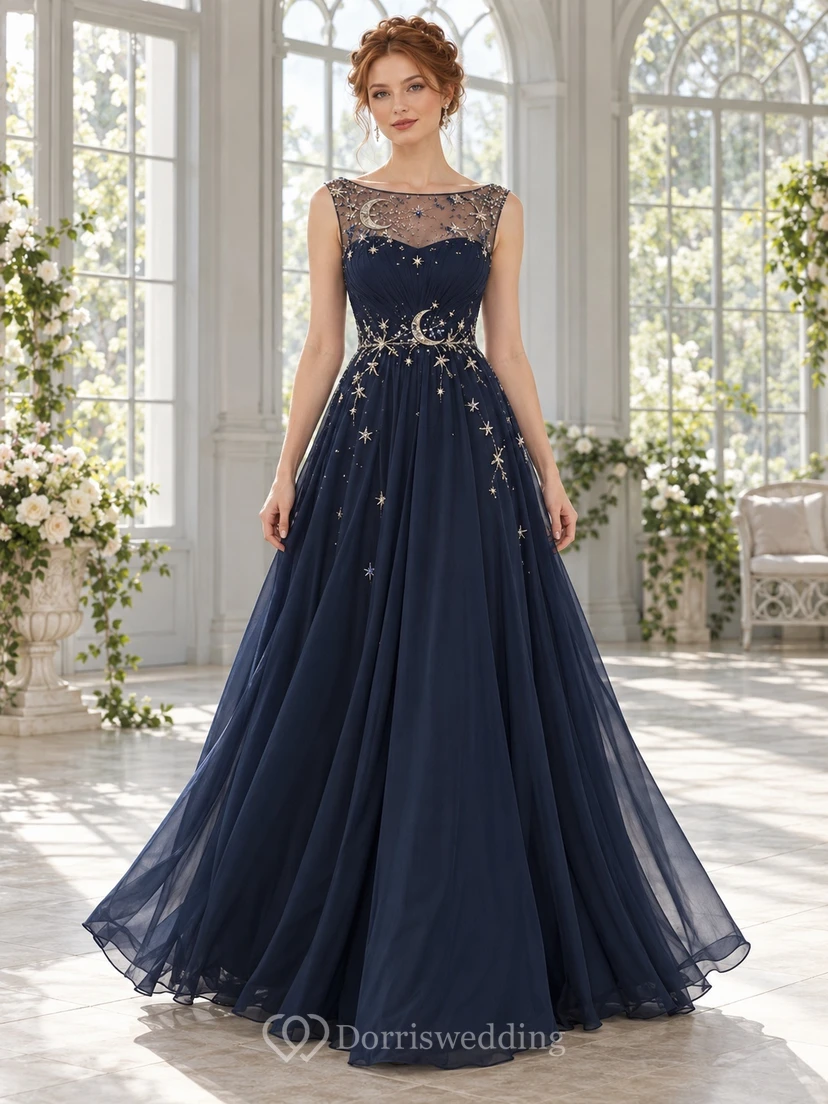 Dark Navy Moon Embroidered Illusion Neck A-line Evening Gown