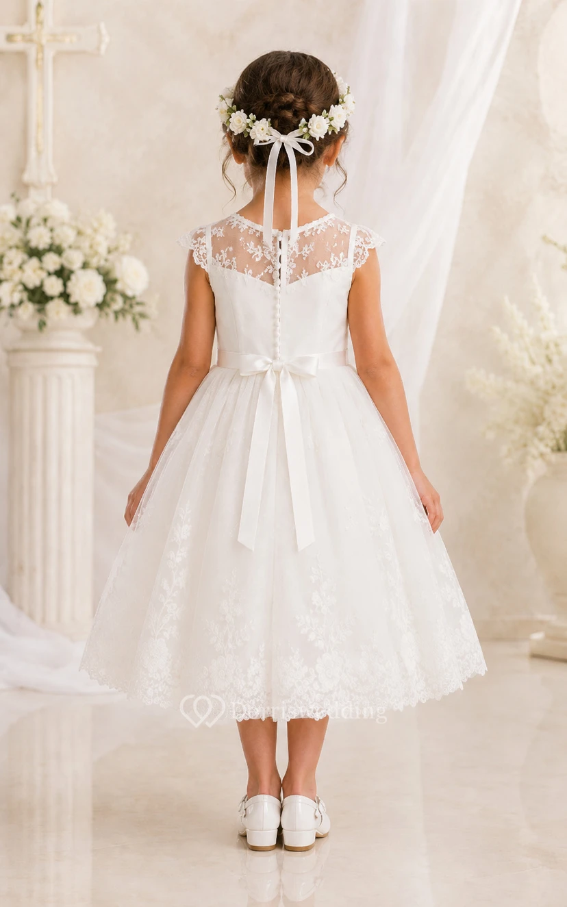 Robe de baptême pour bébé, coupe trapèze, manches courtes, tulle et dentelle, longueur thé, avec ceinture à nœud, blanche view 2