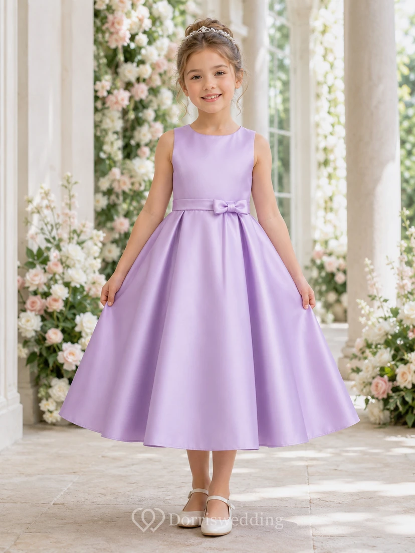 Flower Girl Dress Lavender Satin A-Line Jewel Neck Tea Length Bow Detail