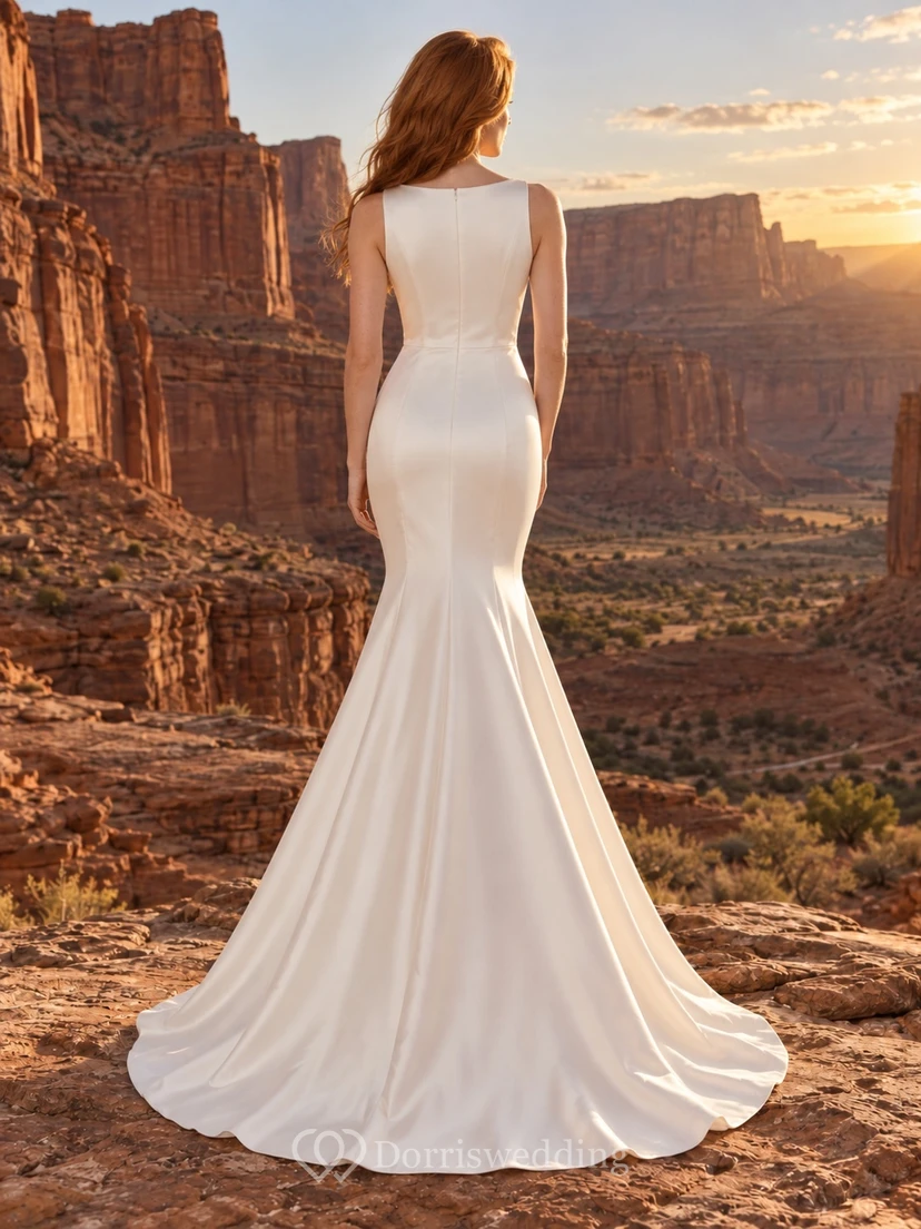 Vestido de novia sencillo de satén elástico sin mangas con escote barco y corte sirena. view 2
