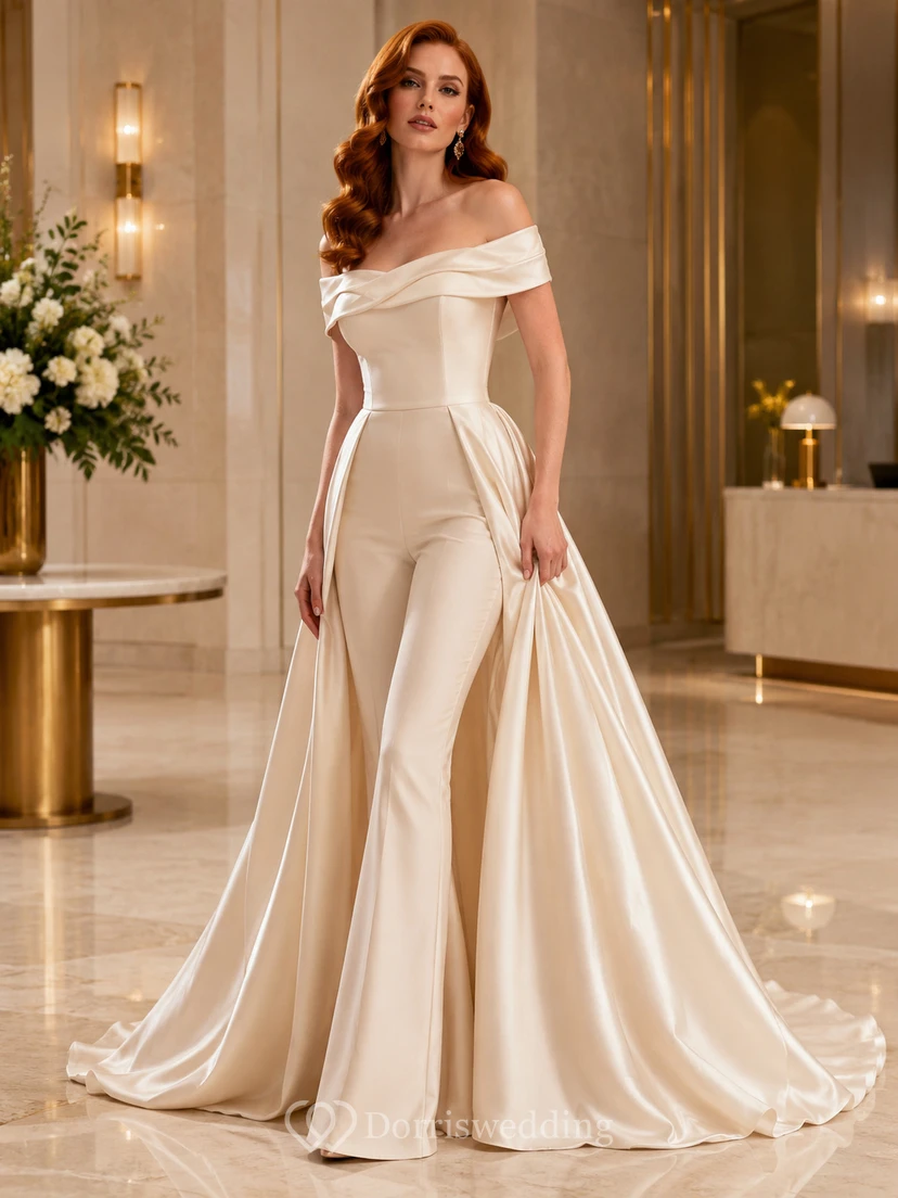 Minimalist Champagne Satin Wedding Jumpsuit Off Shoulder Sweep Train