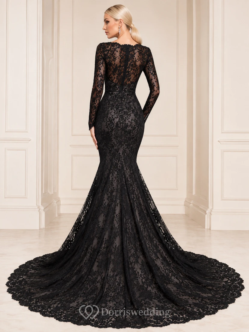 Robe de mariée gothique noire à col V en dentelle, manches longues sirène, traîne chapelle view 2