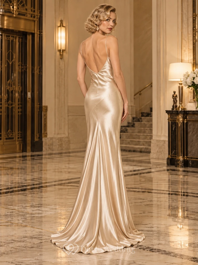 Robe de soirée en satin champagne à fines bretelles et col bénitier, années 1930 view 2
