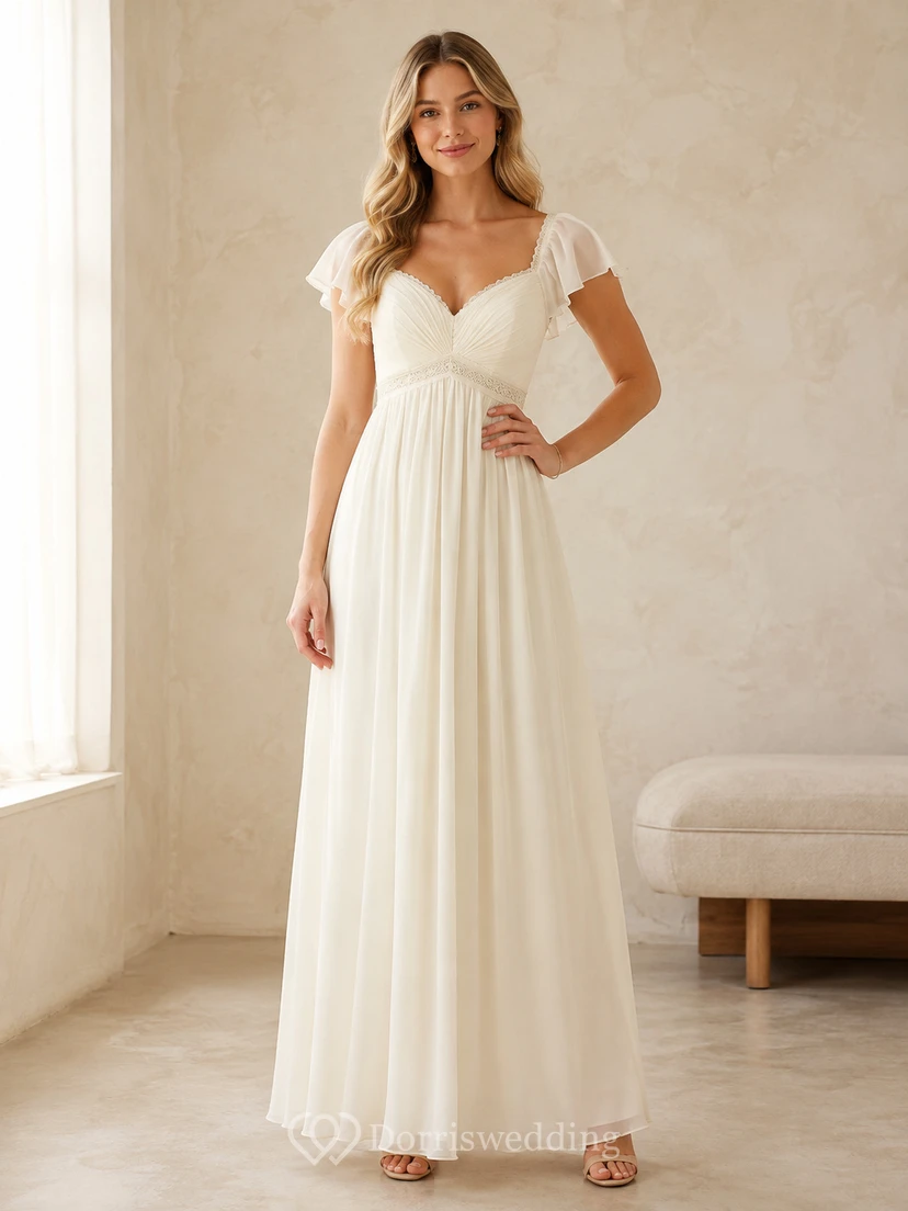 Vestido de dama de honor formal romántico de gasa plisada con escote en V y mangas con volantes, corte imperio y largo hasta el suelo.