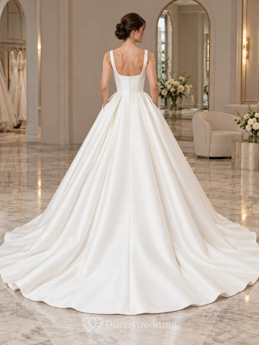 Simple Square Neck Sleeveless Pocket Satin Ball Gown Wedding Dress view 2