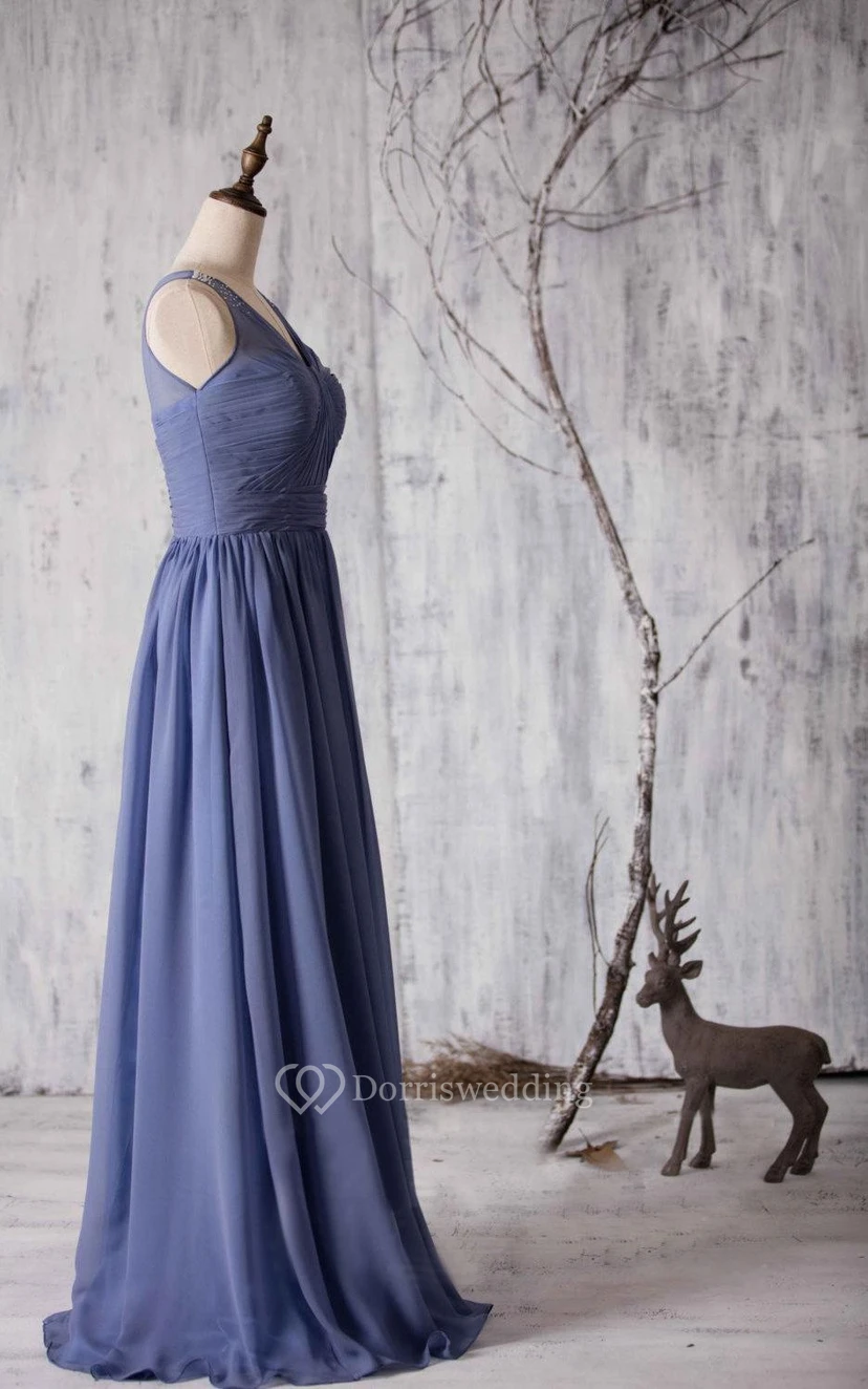 V Neck V Back Pleated A-line Chiffon Long Dress With Beadings view 3