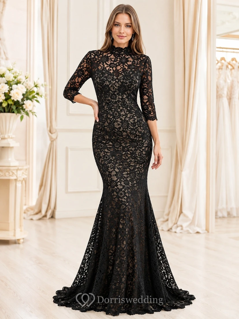 Black Lace Jersey High Neck Long Sleeve Mermaid Evening Gown
