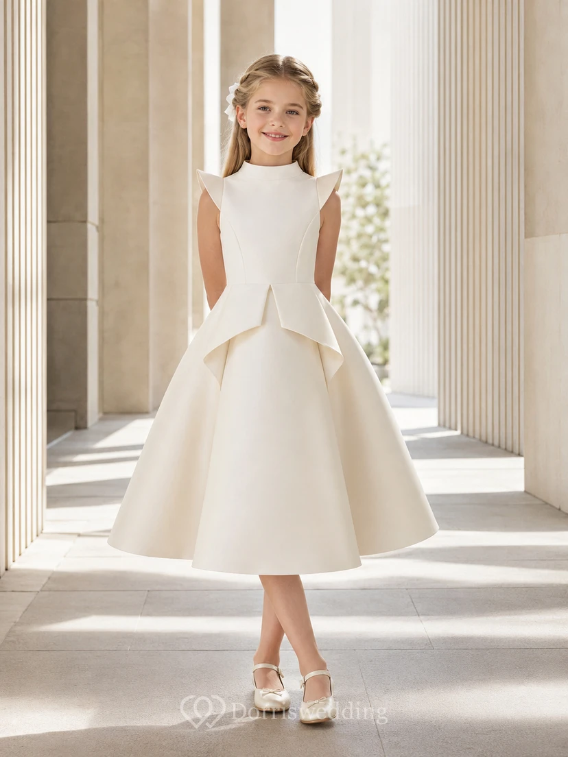 Robe de communion moderne à col montant, manches pétales et basque