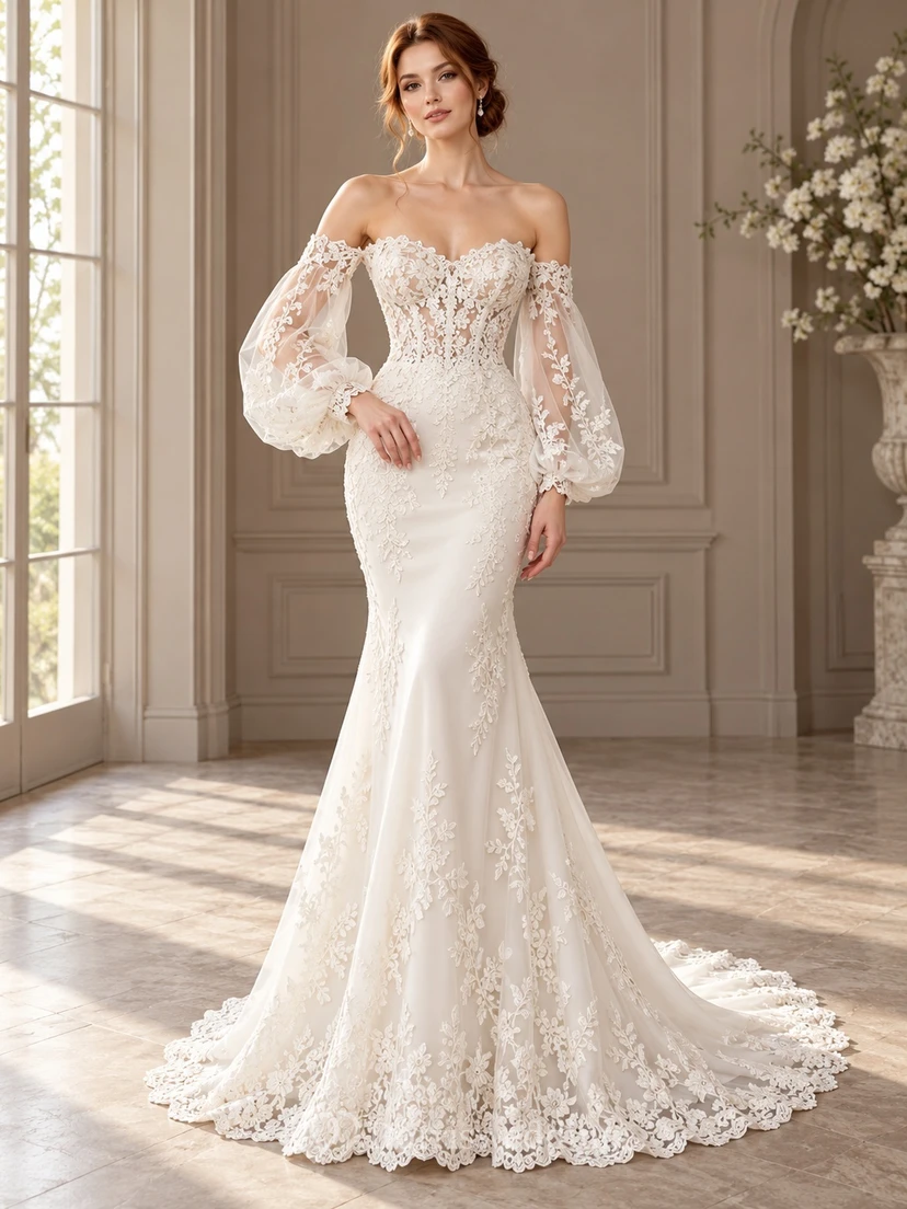 Mermaid Off Shoulder Balloon Sleeve Fine Floral Lace Wedding Dress