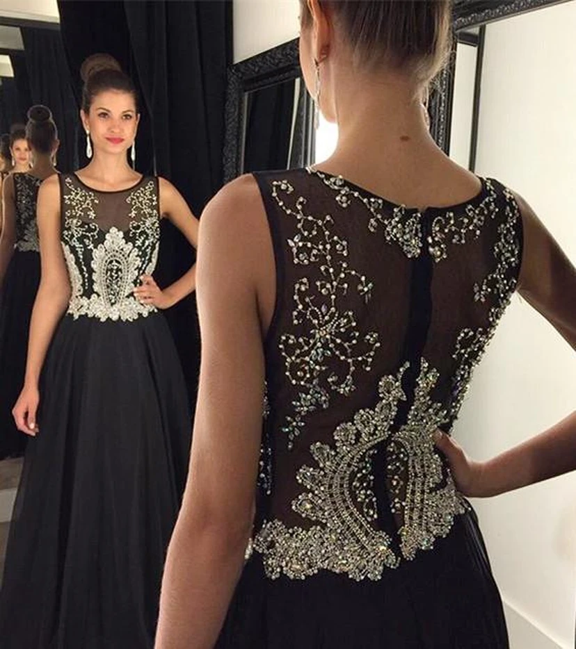 Newest Black Beadings A-line Evening Dress Illusion Zipper Sleeveless view 2