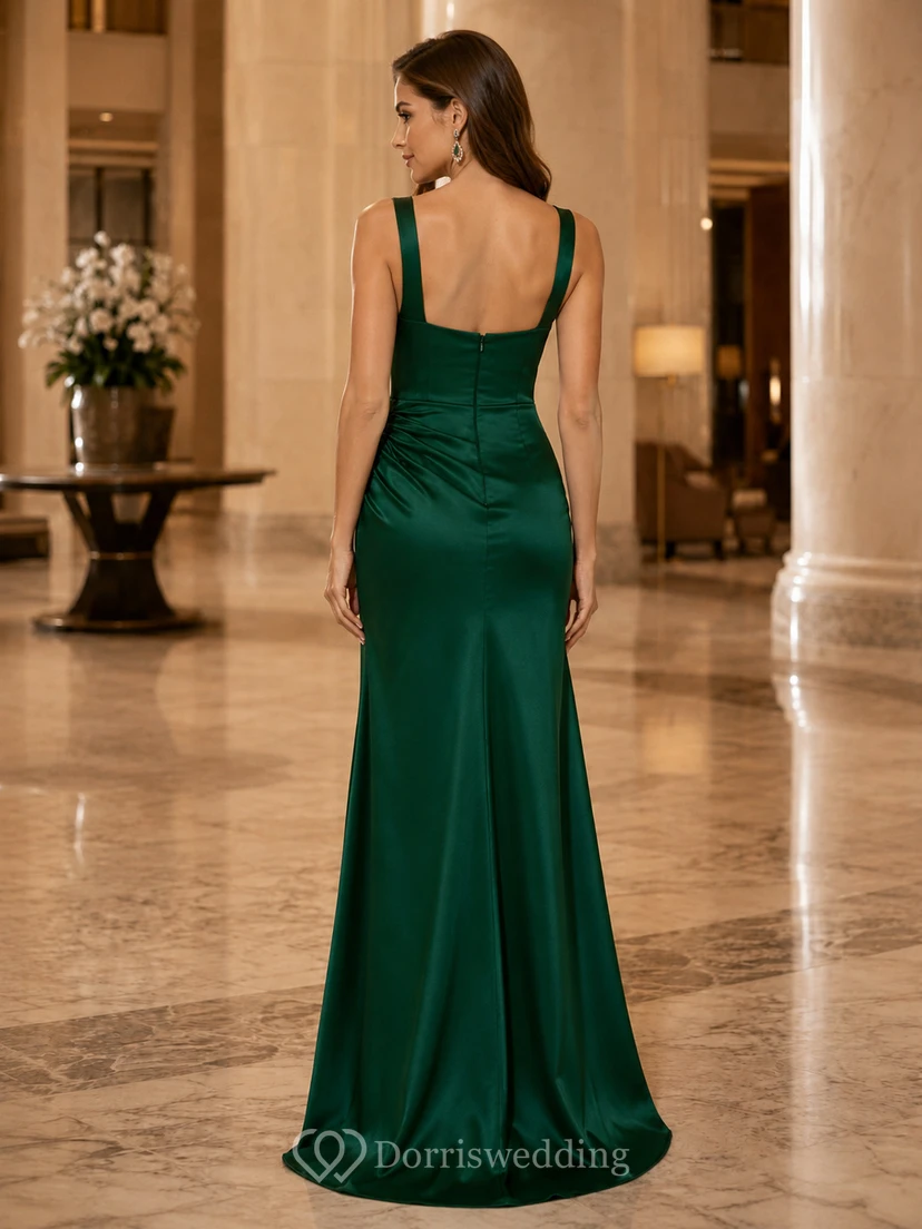 Dark Green Square Neck Satin Sheath Evening Dress view 2