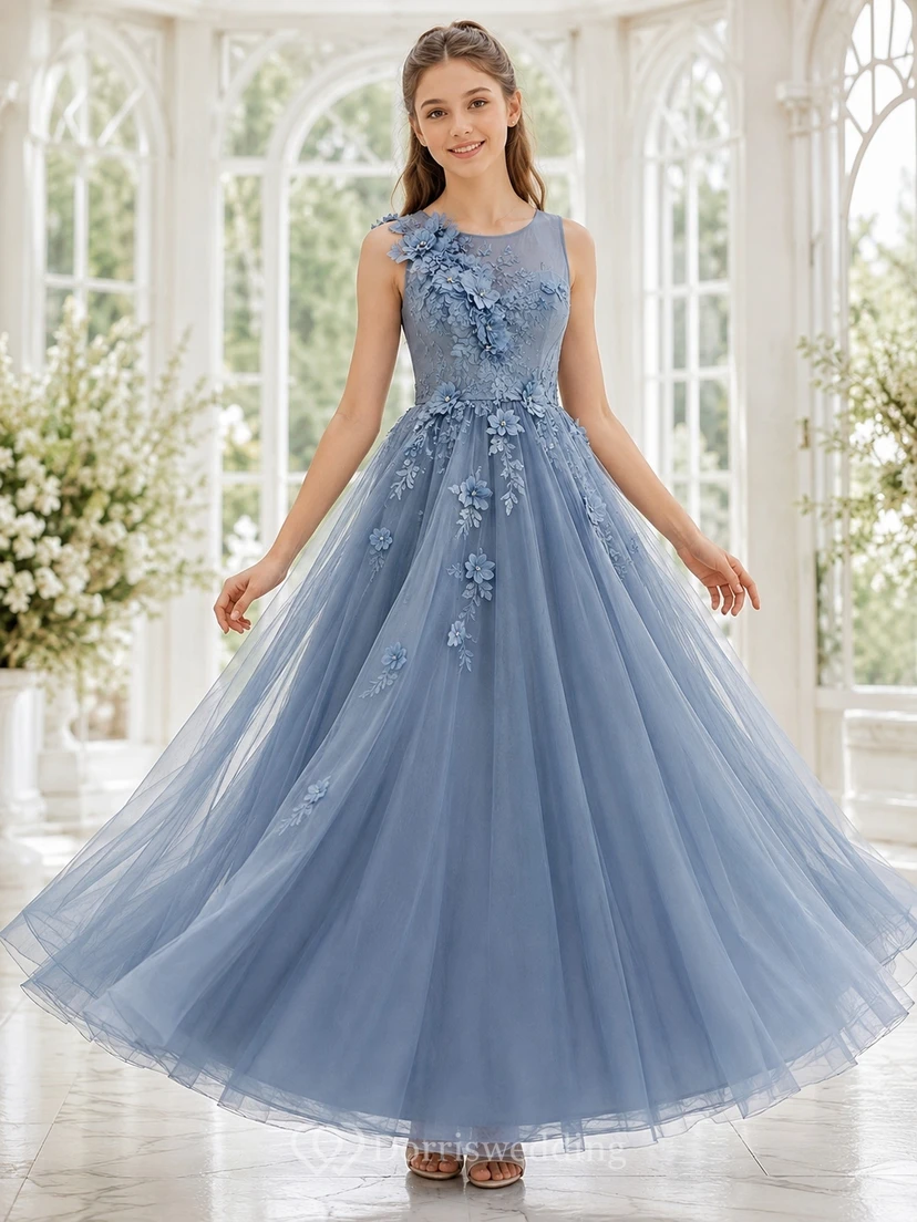 Vestido de dama de honor juvenil azul acero, vestido de gala, joyas, sin mangas, tul, apliques florales, romántico