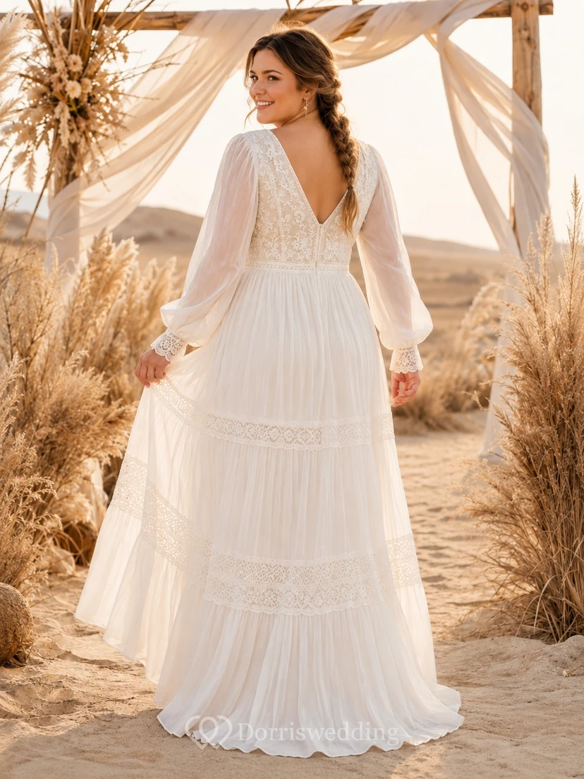 Plus Size Langarm-Chiffon-Empire-Stufenkleid im Boho-Stil mit V-Ausschnitt und langen Ärmeln view 2