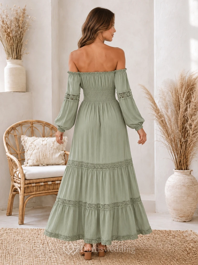 Sage Off-Shoulder Puff Sleeve Crochet Trim Tiered Maxi Dress view 2