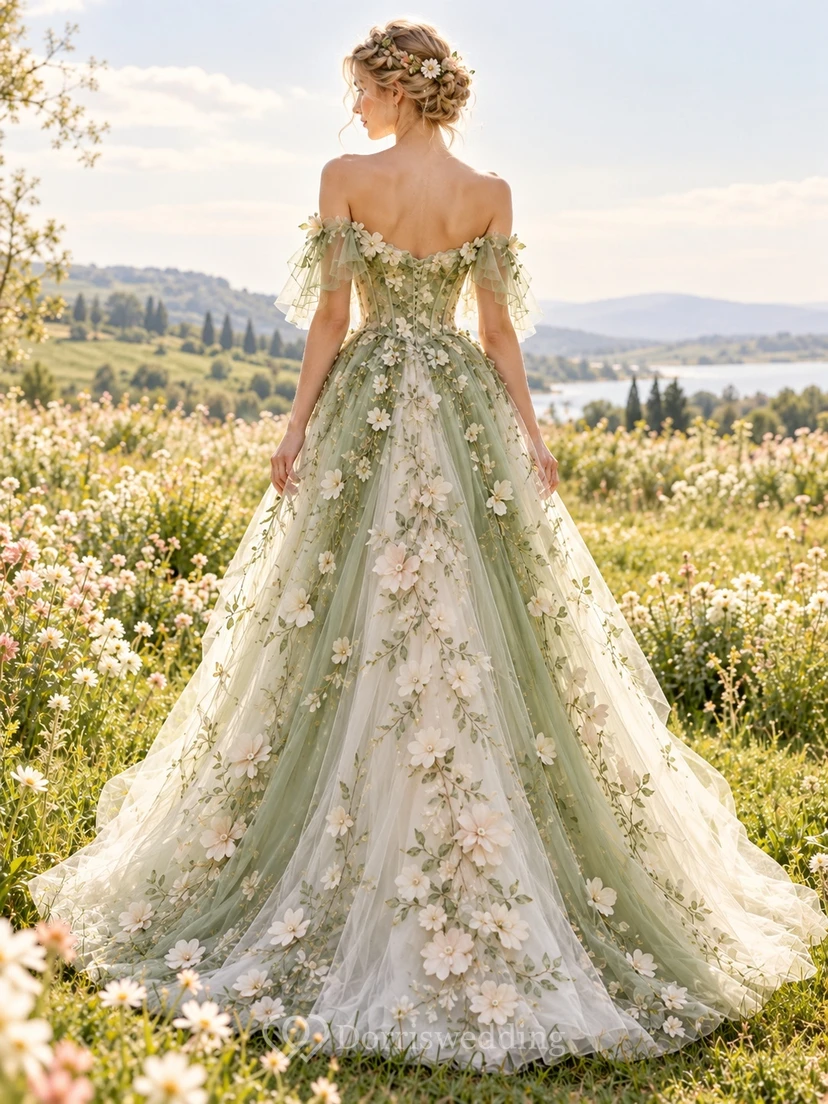 Robe longue de soirée en tulle à épaules dénudées et appliqué floral Fairy Sage view 2