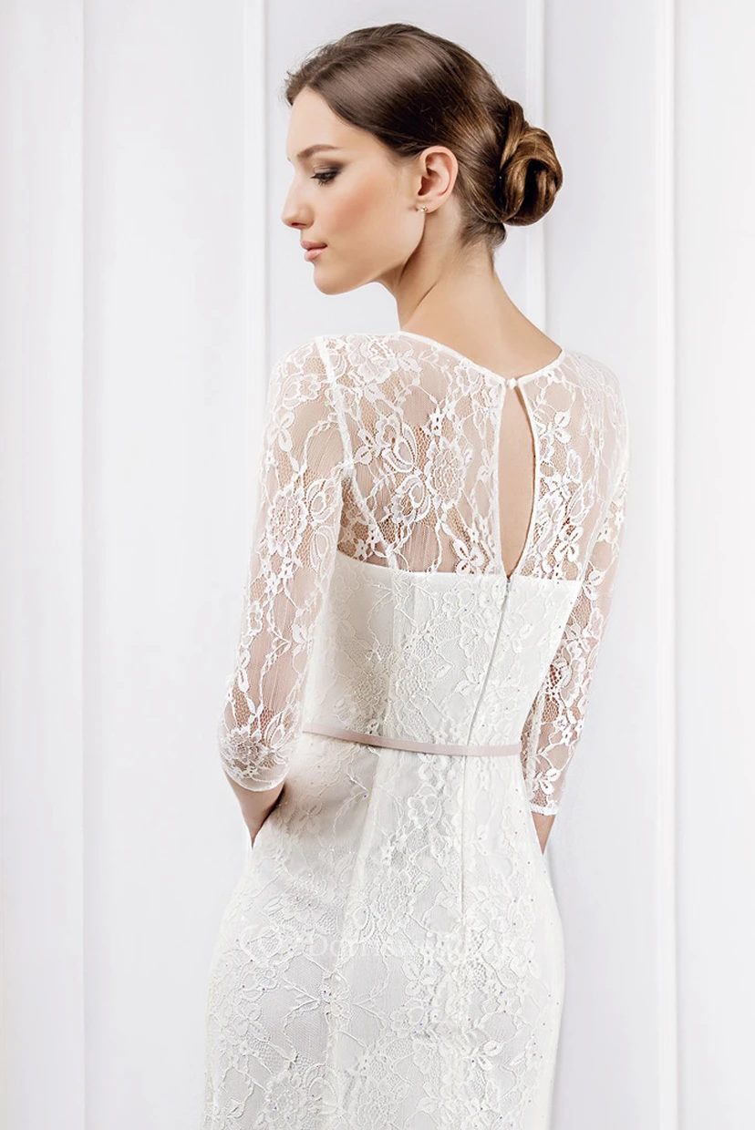 Sheath Ribboned Jewel Neck 3-4 Sleeve Lace Wedding Dress With Brush Train view 4