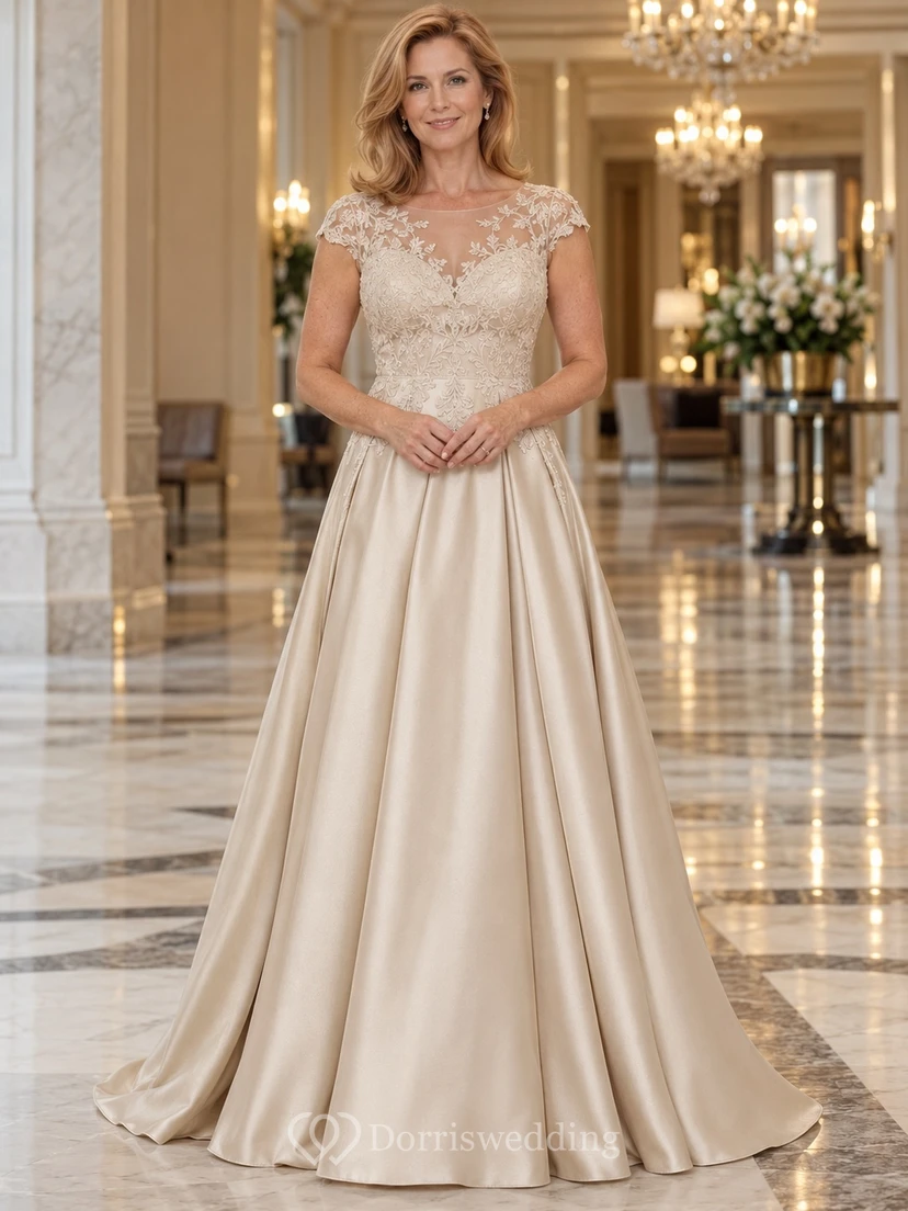 Champagne Satin A-Line Wedding Dress for Older Brides with Lace Cap Sleeves and Court Train