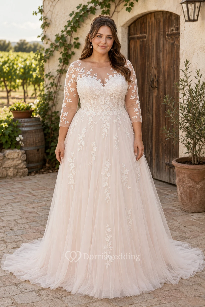 Plus Size Brautkleid in A-Linie mit langen Ärmeln aus Spitze und Applikationsschleppe