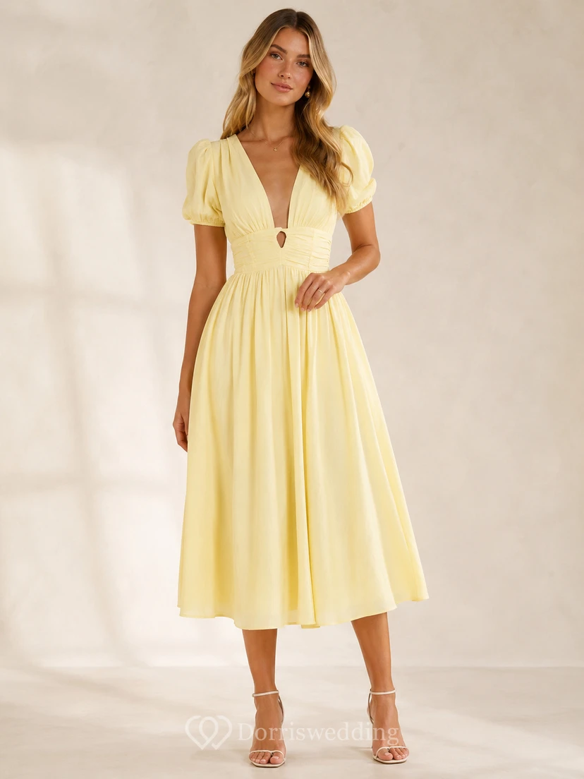 Gelbes A-Linien-Gästekleid mit Puffärmeln, V-Ausschnitt und Teelänge