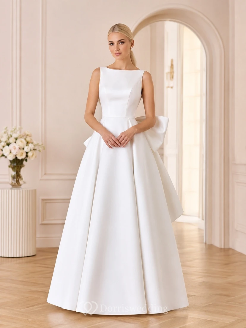 Elegante vestido de novia de satén con escote cuadrado, sin mangas y lazo, corte en A.