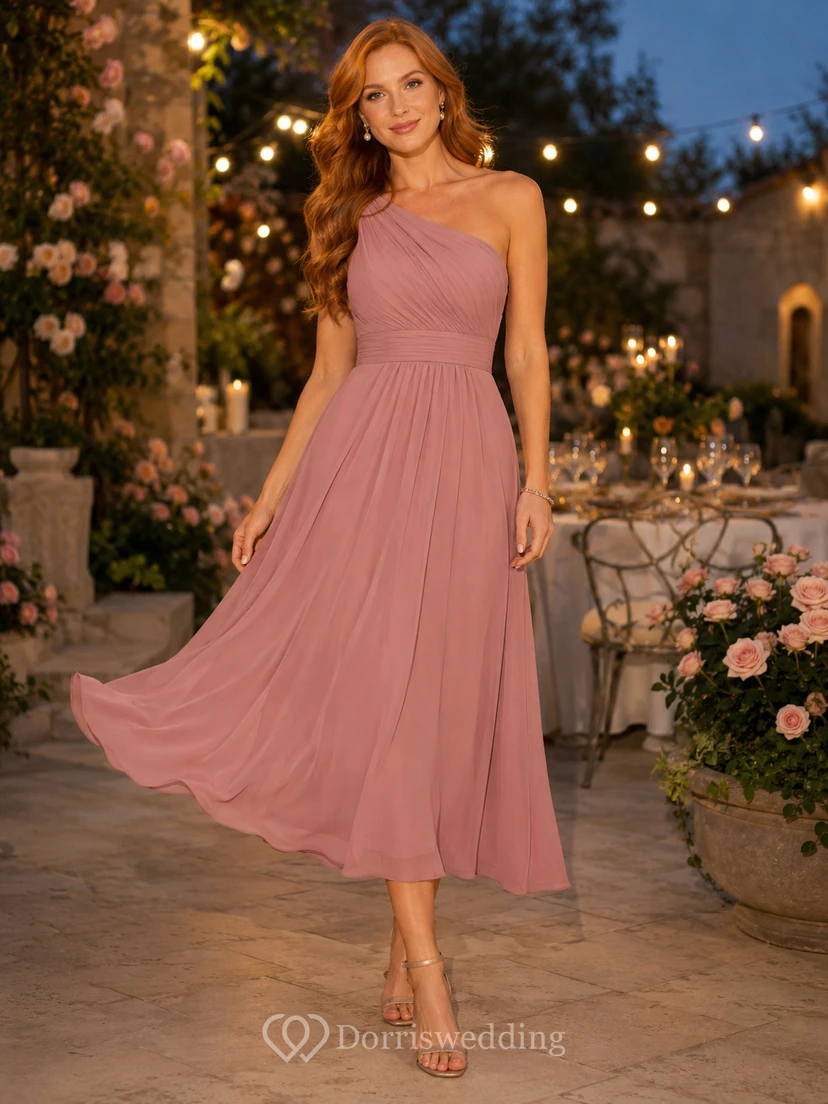 Vestido de aniversario de gasa con tirantes finos color rosa empolvado