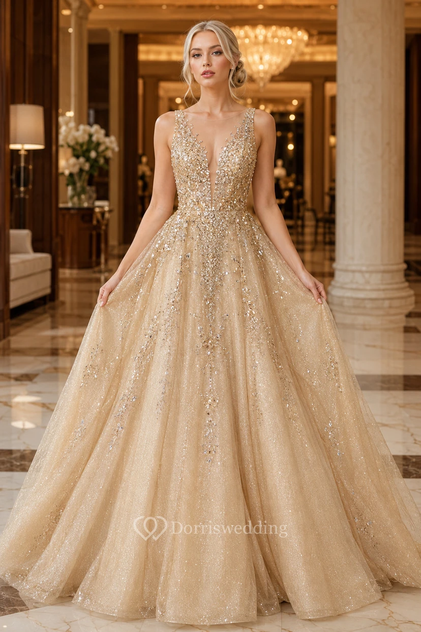 Robe de bal champagne avec décolleté en V plongeant et perles scintillantes pour le bal de fin d'année