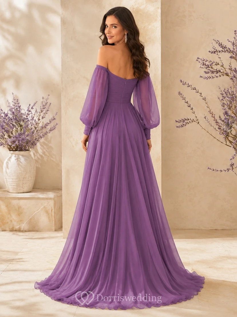 Orchid Chiffon Off-the-shoulder Poet Sleeve A-Line Prom Gown view 2