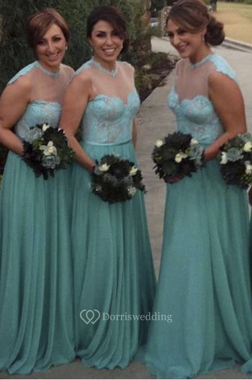 Cap-sleeved A-line Long Chiffon Dress with Illusion Neckline