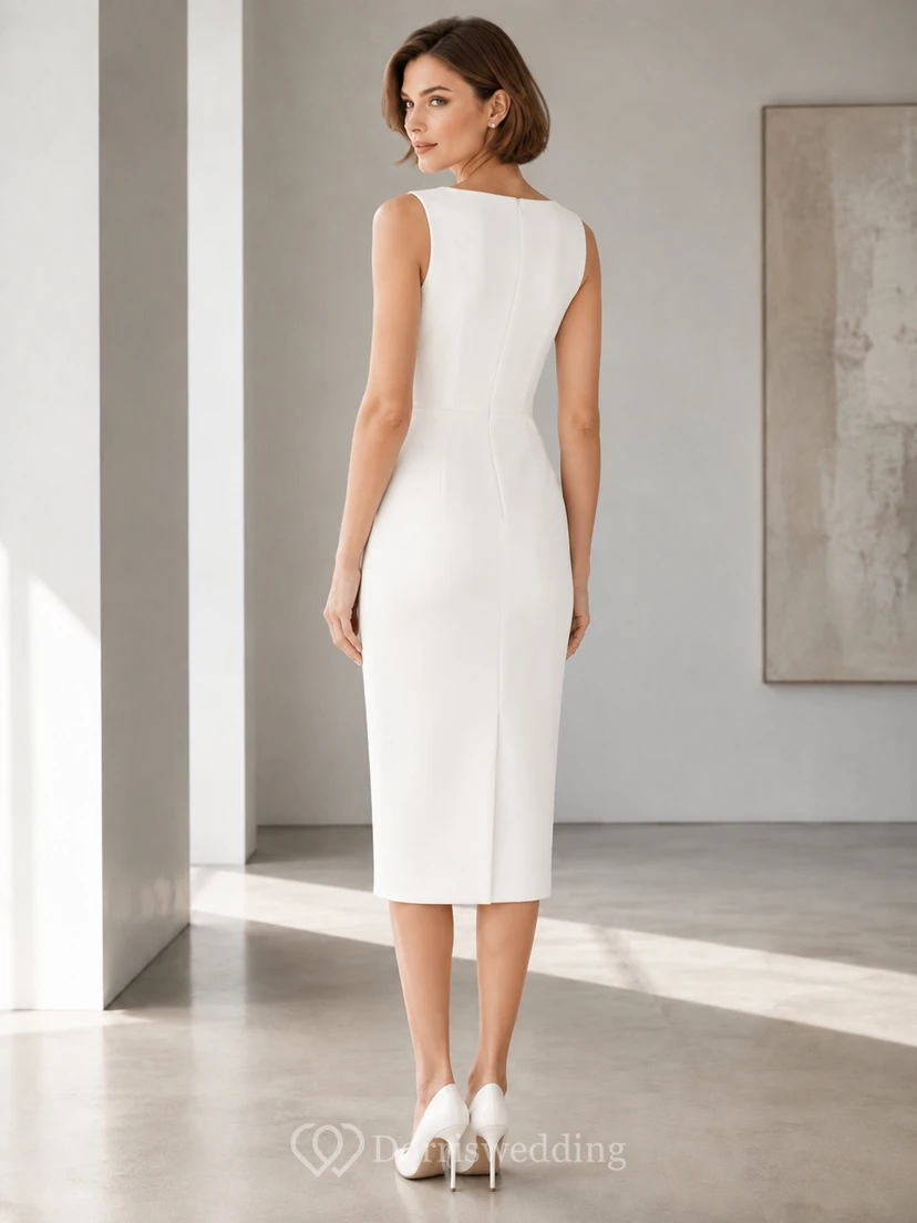 Civic Line White Sheath Knee-Length Bateau Sleeveless Stretch-Satin Simple Cocktail Dress view 2