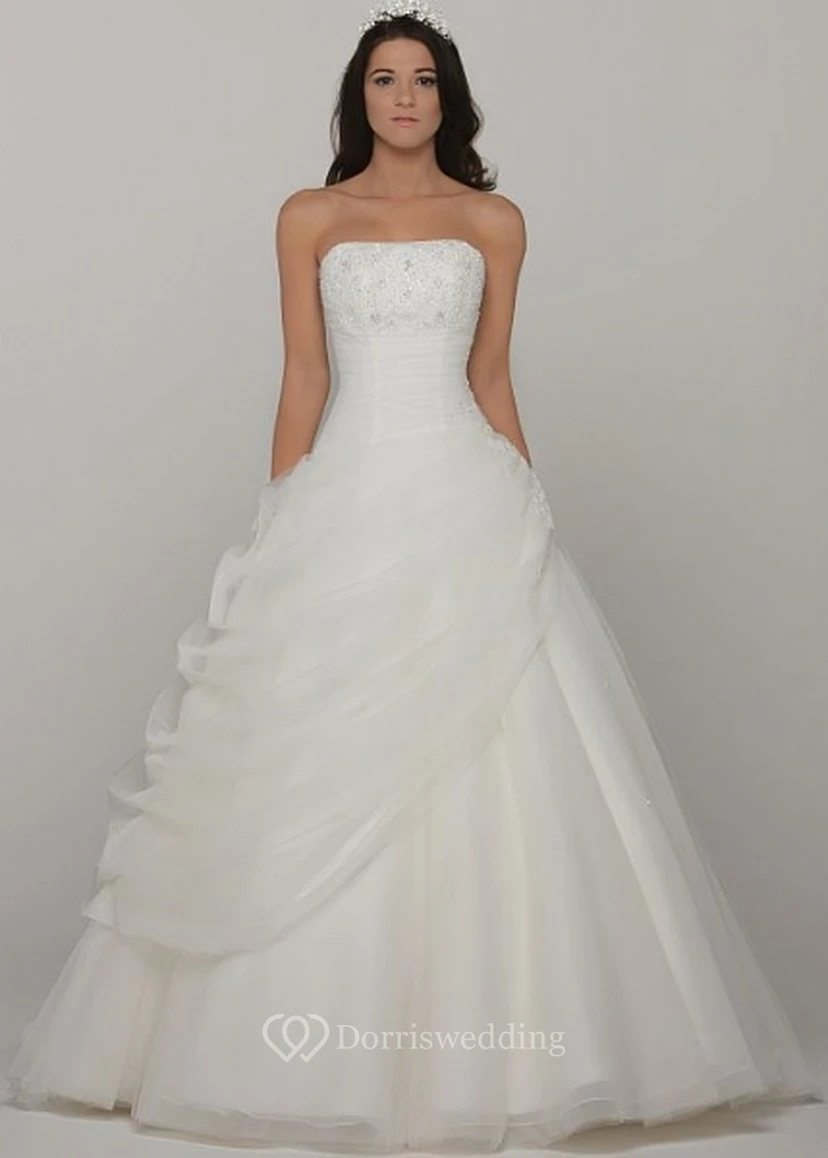 Ball Gown Sleeveless Strapless Long Beaded Tulle Wedding Dress With Pick Up