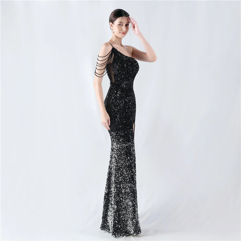 Vestido de noche asimétrico con tirantes, lentejuelas, lentejuelas y bajo de terciopelo degradado de alta densidad view 33