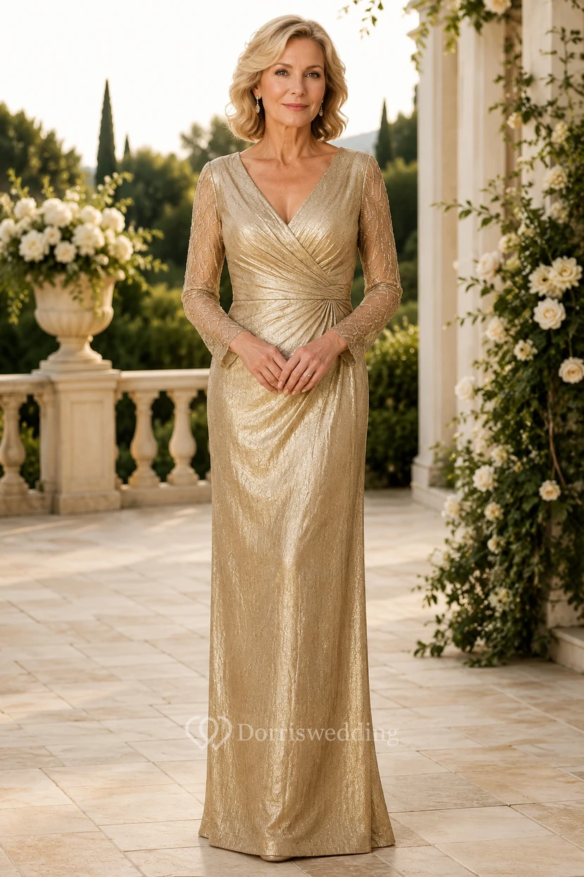 MOB Kleid Gold Stretch Satin Etuikleid Langarm V-Ausschnitt Bodenlang Gerafft