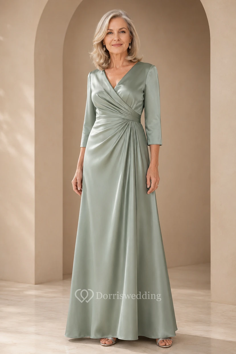 MOB-Kleid aus salbeifarbenem Satin, A-Linie, 3/4-Ärmel, V-Ausschnitt, bodenlang, drapiert