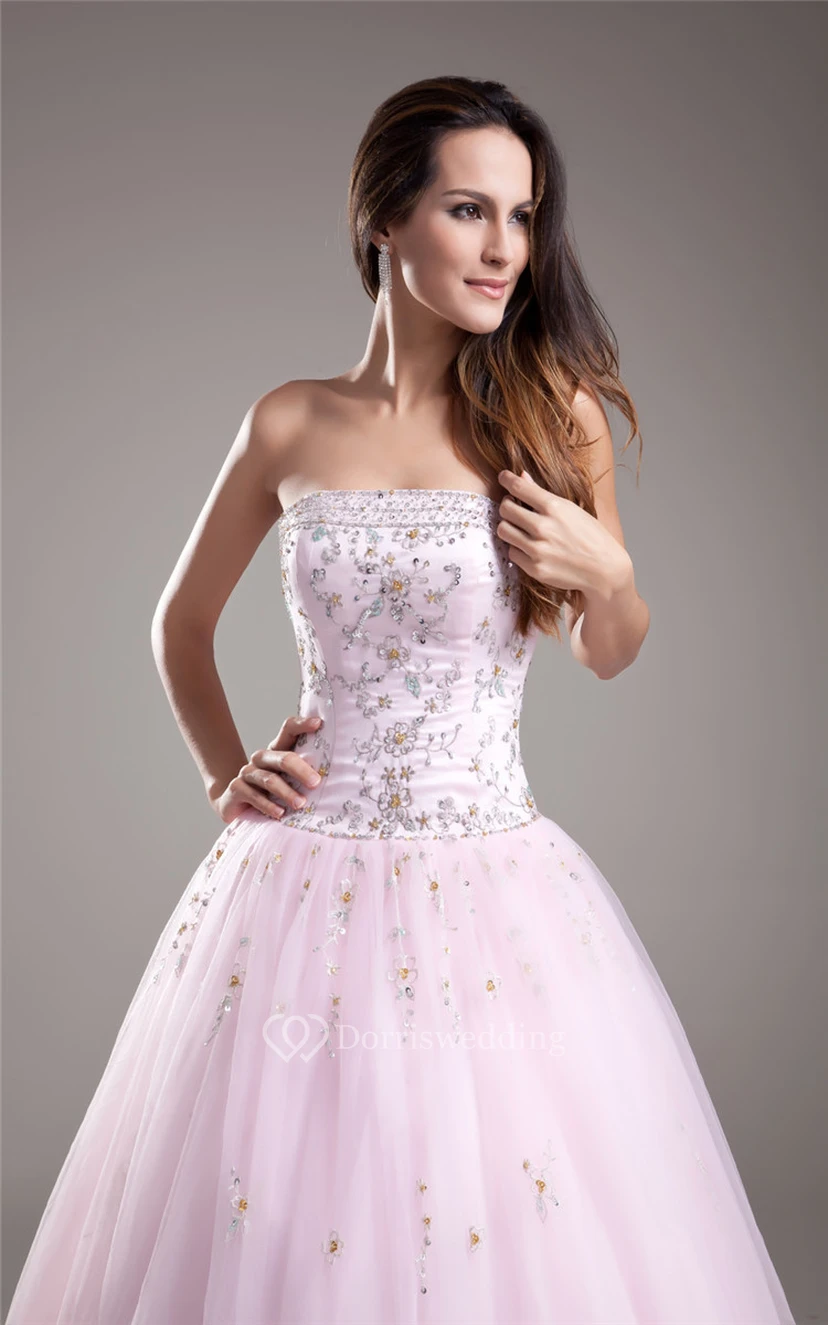 Blushing Strapless Beaded Ball Gown With Tulle Overlay view 4