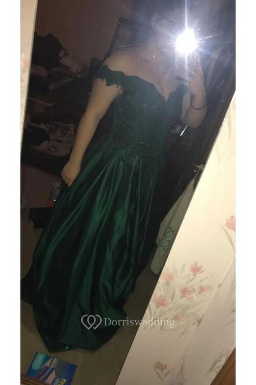 A-Line Ball Gown Satin Lace Off-the-shoulder Short Sleeve Zipper Dress view 3