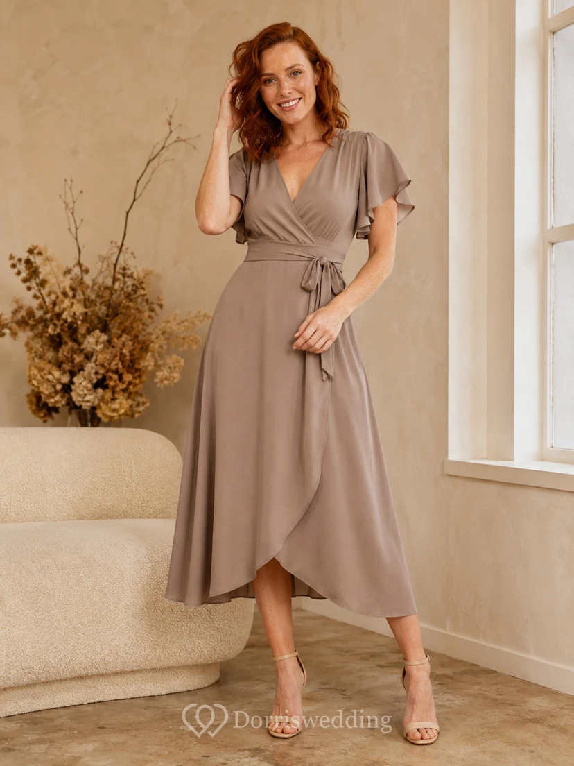Taupe Flutter Sleeve Wrap Boutique Shopping Midi Dress