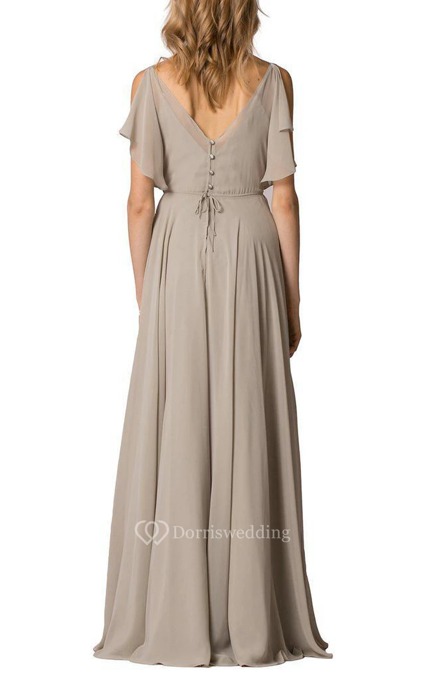 V-neck Ruched Floor-length Button Back Chiffon Dress view 2