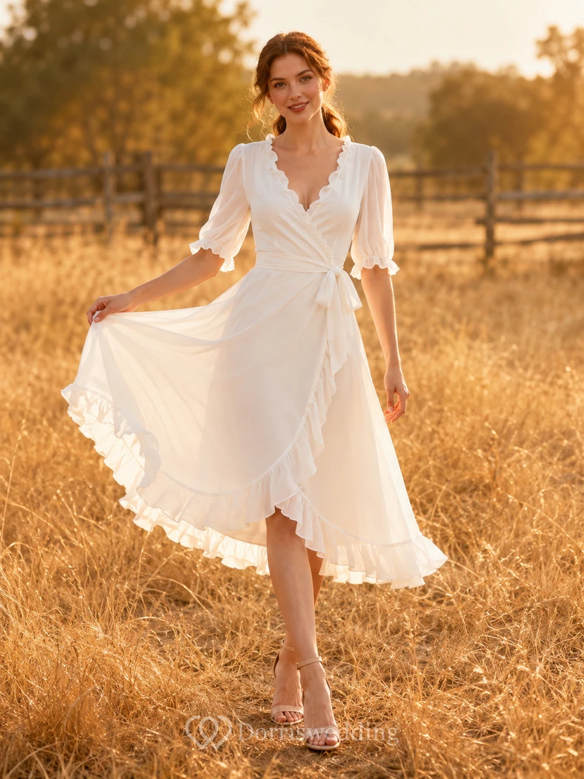 Robe de fiançailles en mousseline à col en V festonné et ourlet à volants