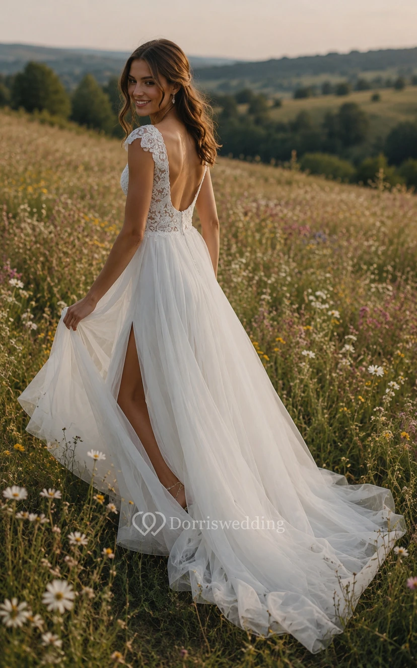 Robe de mariée blanche en dentelle, coupe trapèze, col V et fente sur le devant view 9