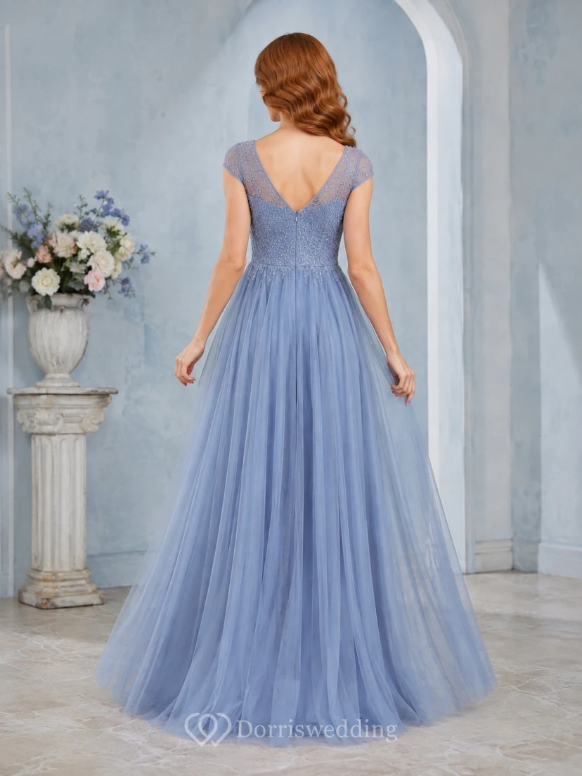 Elegant Sky Blue V-neck Sleeveless Tulle A-Line Floor-length Formal Dress view 2