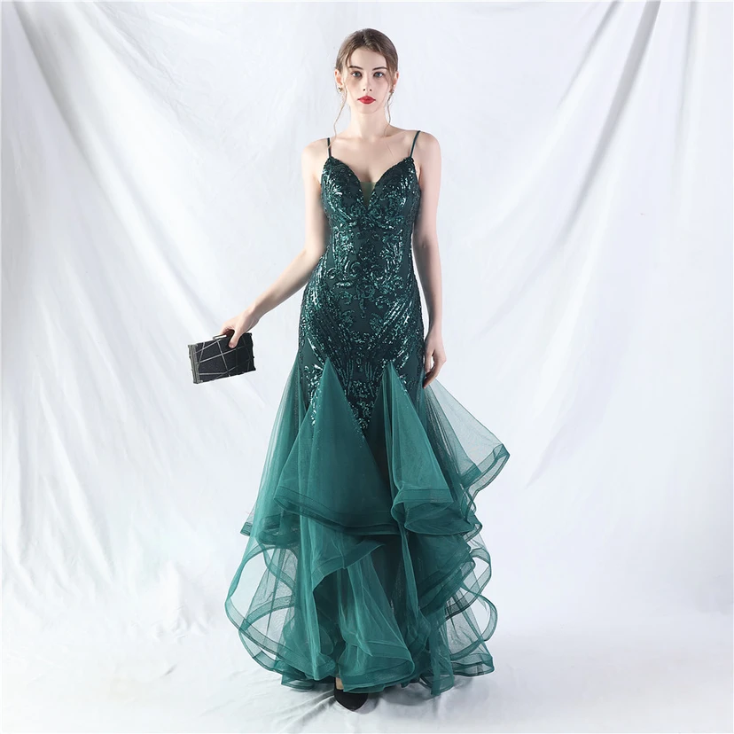 Vestido de actuación para celebración de baile caliente con cuentas de flores y posicionamiento de red rígida. view 14