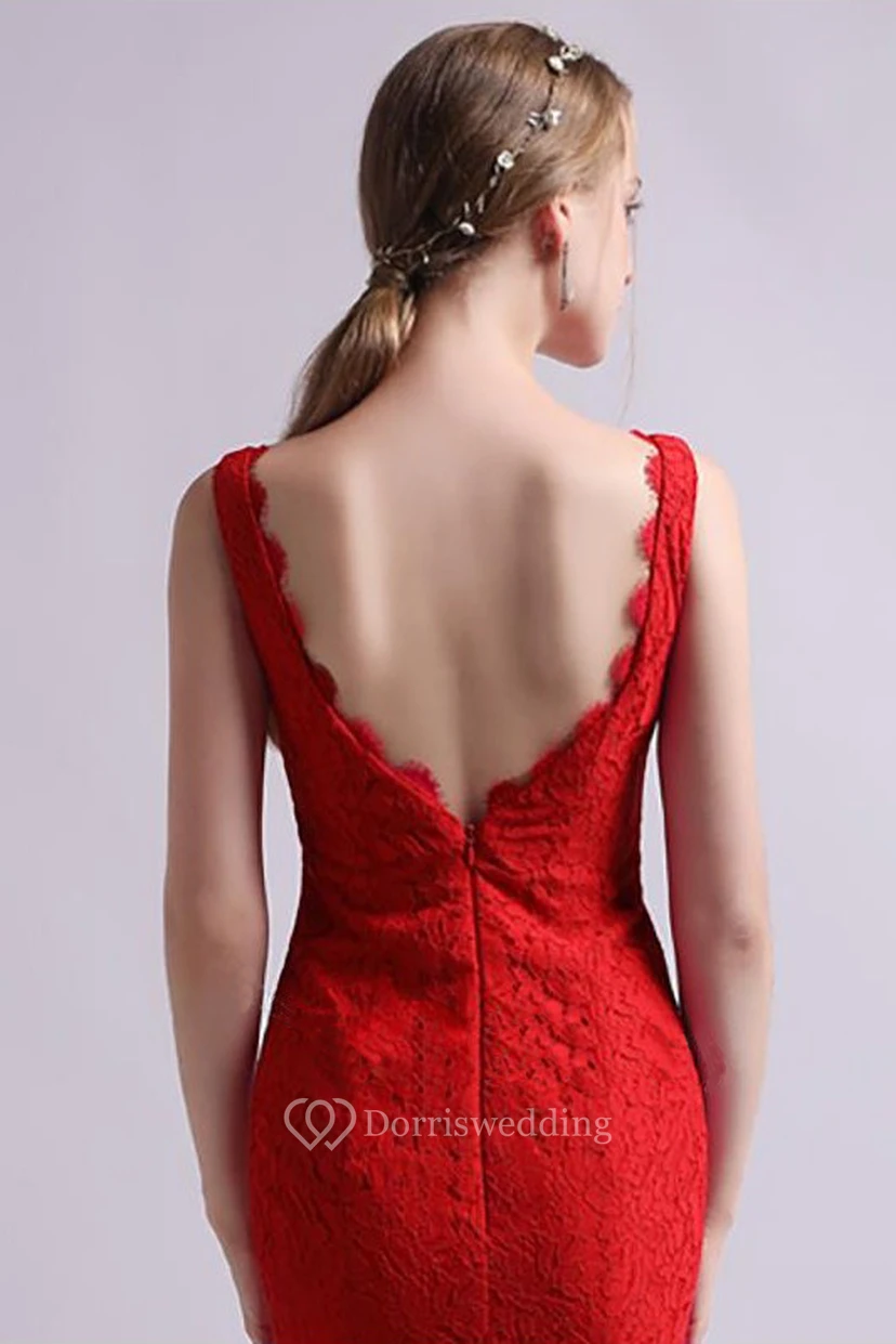 Simple Lace Mermaid Sleeveless High-Low Dress with Zippered Deep-V Back view 2