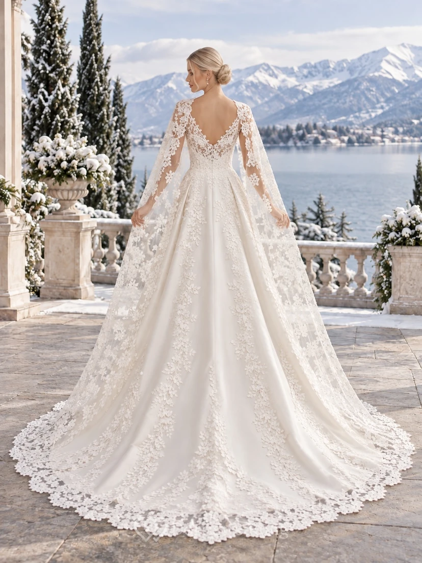 Vestido de novia de corte A con escote en V, encaje floral, capa festoneada y falda de satén, ideal para invierno. view 2