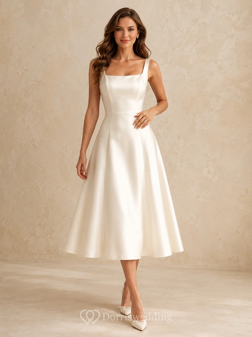 Robe cocktail élégante en satin ivoire, longueur thé, col carré, coupe trapèze, style Courthouse