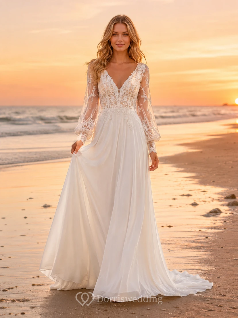 Beach Boho V-Neck Long Lace Sleeve A-Line Wedding Dress
