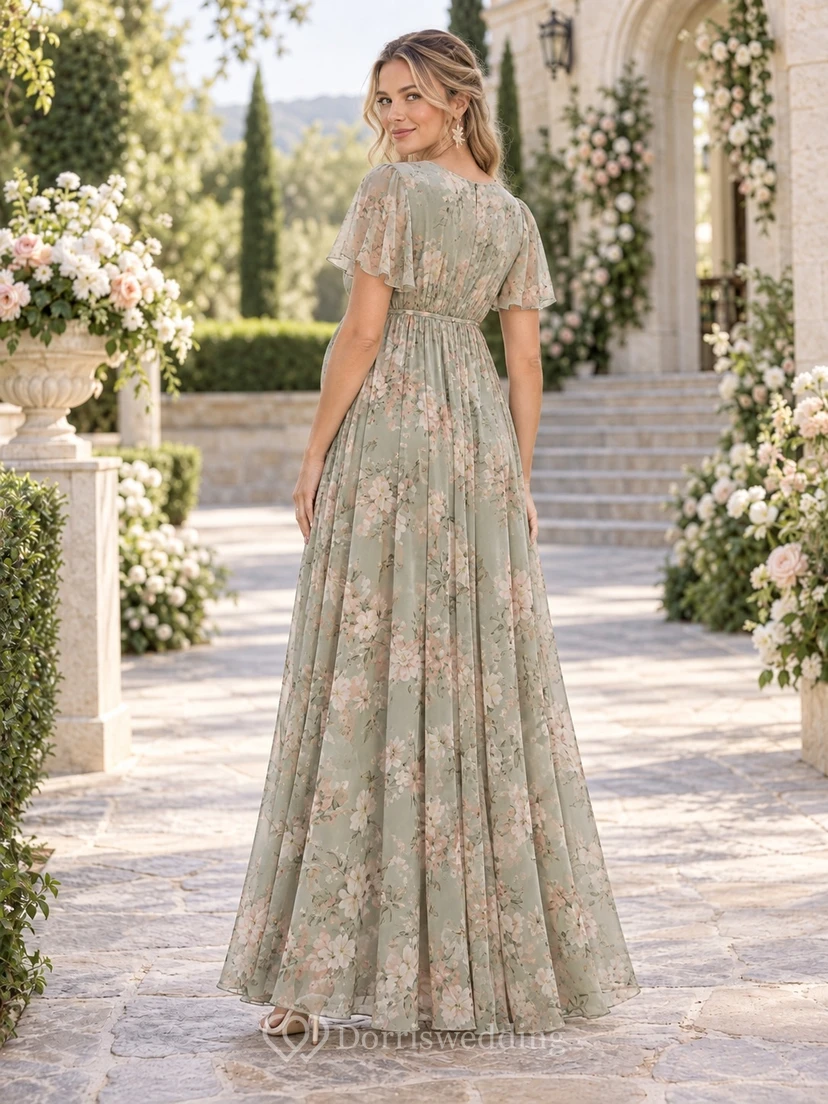 Vestido de invitada largo hasta el suelo con escote en V imperio, estampado floral y corte imperio en verde salvia. view 2